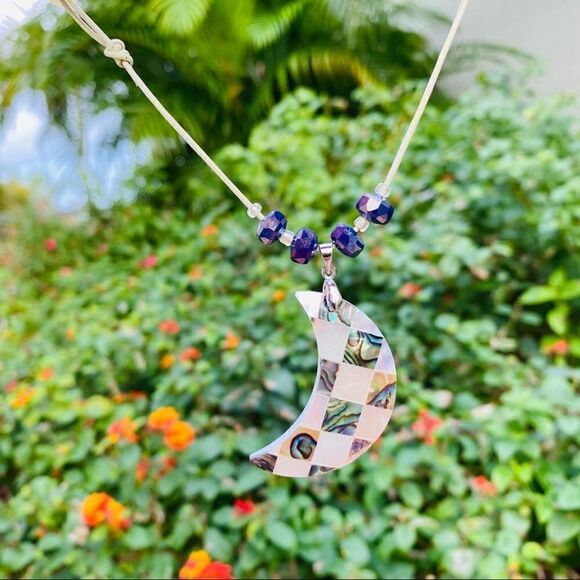 Abalone Moon Pendant Handmade leather Necklace - Picture 8 of 9